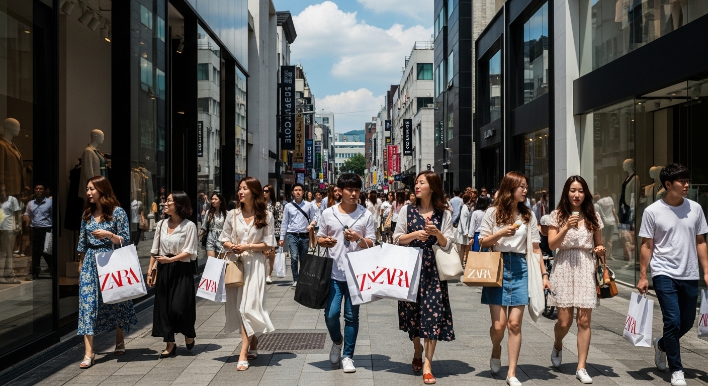 서울 거리에서 자라 여름 세일 기간 동안 쇼핑하는 젊은이들