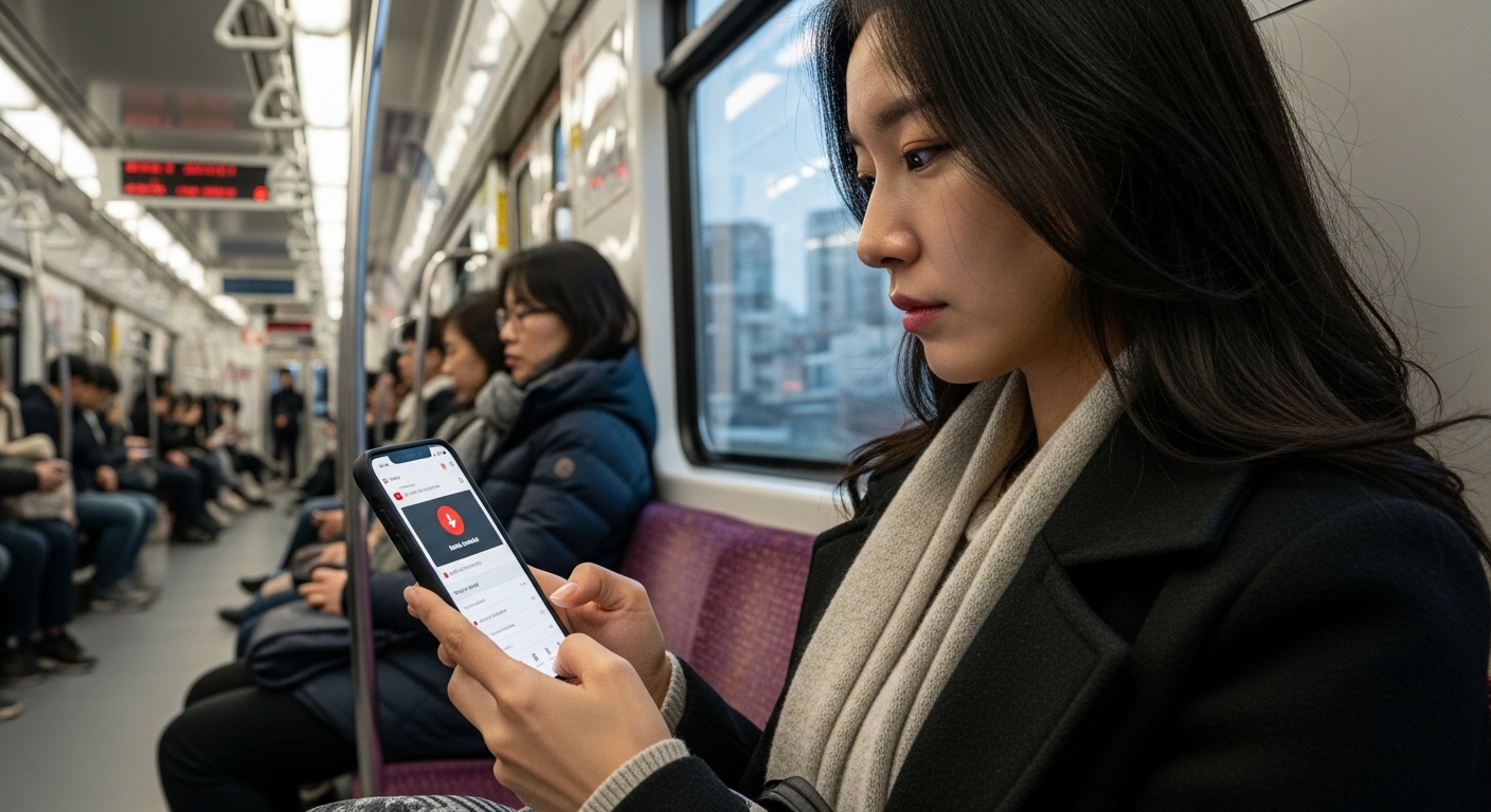 서울 지하철에서 모바일 앱으로 유튜브 음원을 다운로드하는 여성