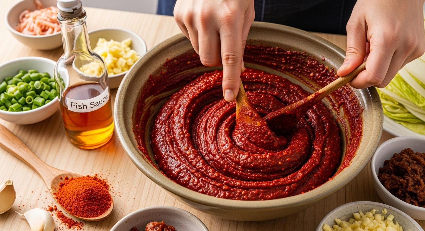 고춧가루와 액젓이 들어간 빨간 김치 양념을 손으로 섞고 있는 모습