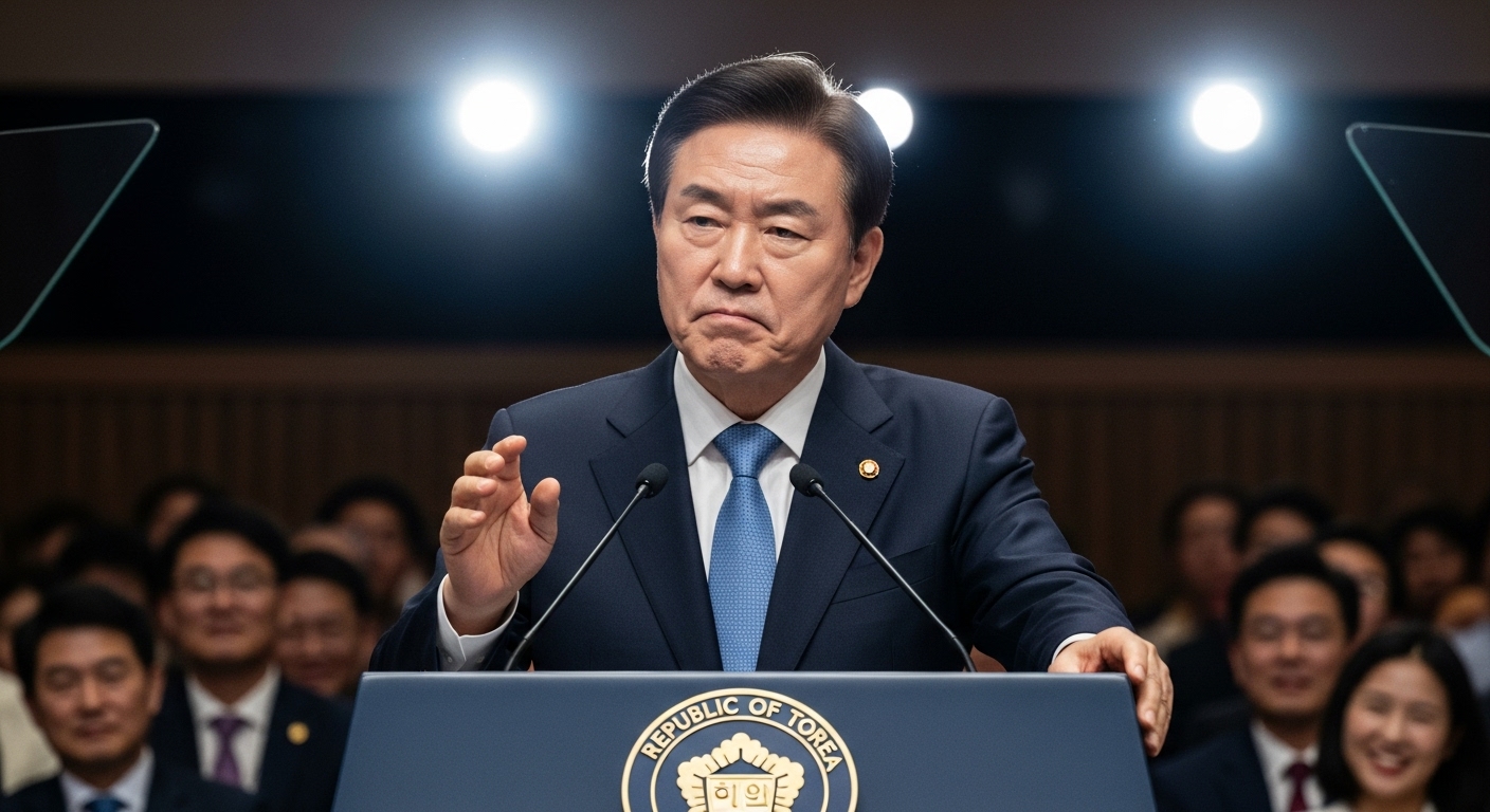 엄숙한 표정으로 연설 중에 가벼운 농담을 던지는 정치인의 모습