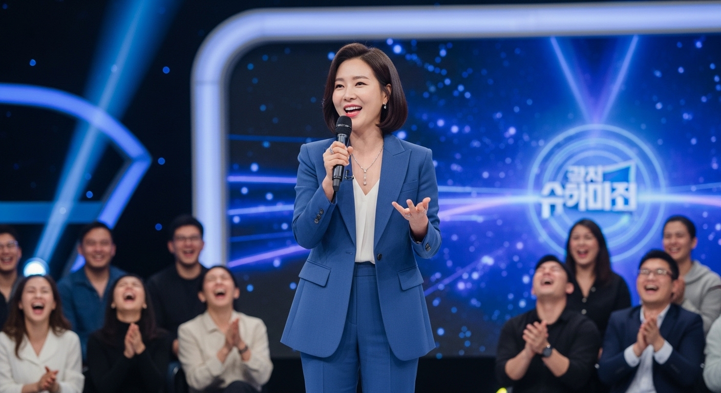 인기 TV 쇼에서 코끼리 농담을 하는 여성과 웃고 있는 관객들