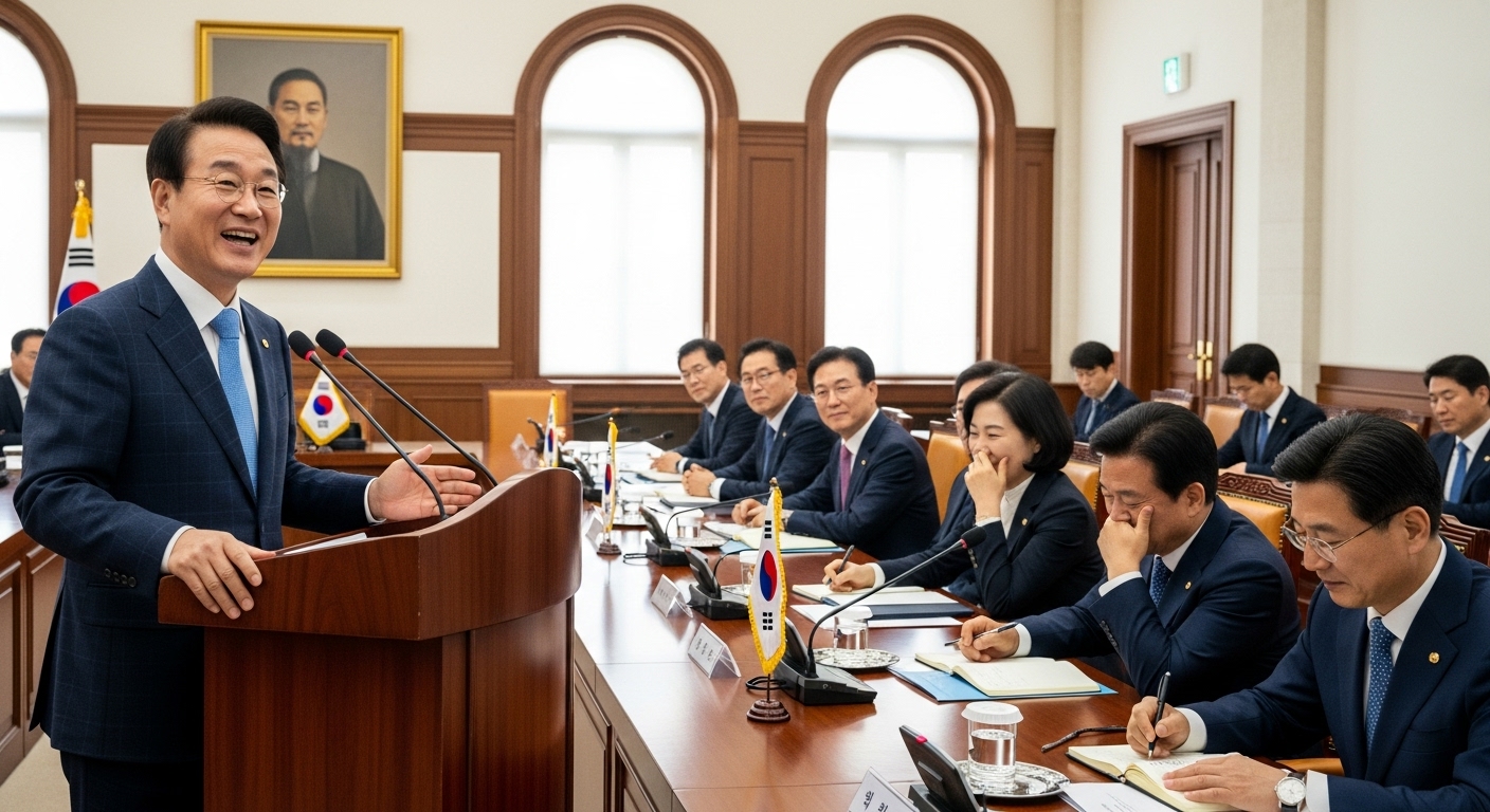 공식 회의에서 동료들의 긴장을 풀기 위해 유머를 사용하는 정치인의 모습