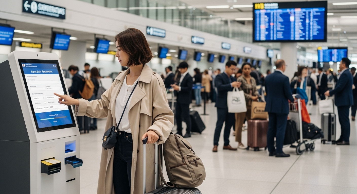 공항 체크인 카운터에서 디지털 키오스크를 통해 일본 입국 등록하는 현대적 여행자