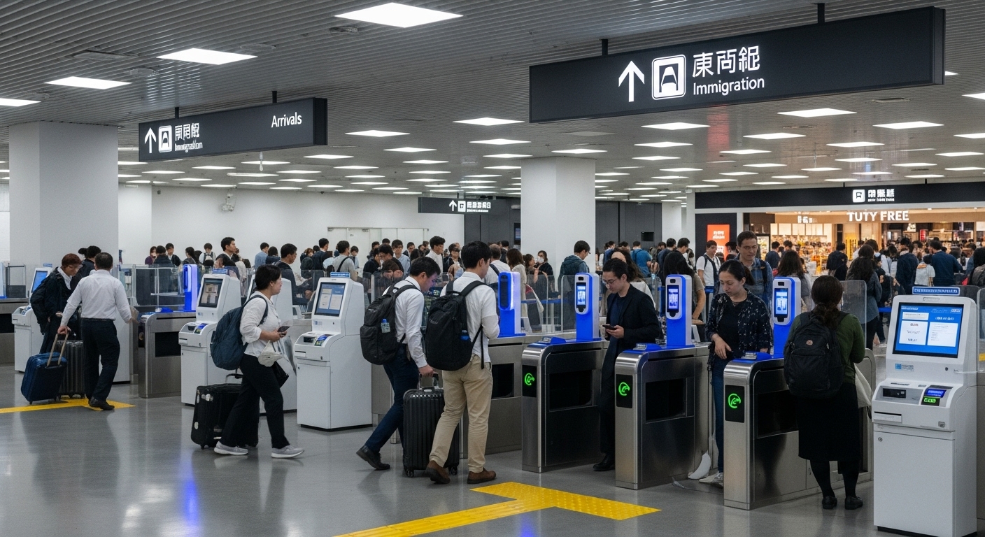 자동화된 출입국 심사대와 얼굴 인식 게이트로 혼잡한 일본 공항 터미널