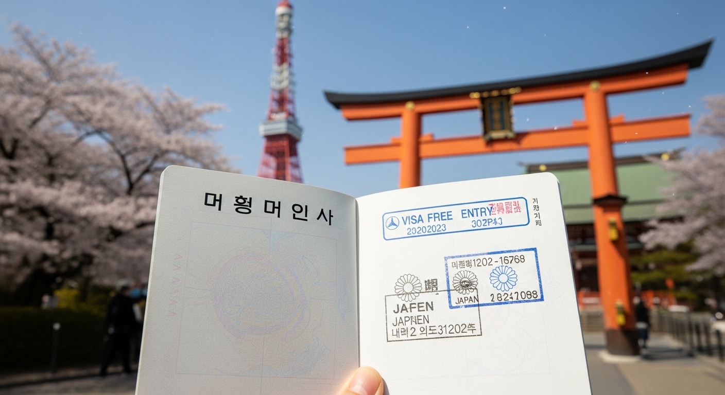 비자 면제 도장이 찍힌 여권을 들고 있는 손과 일본의 상징적인 랜드마크 배경