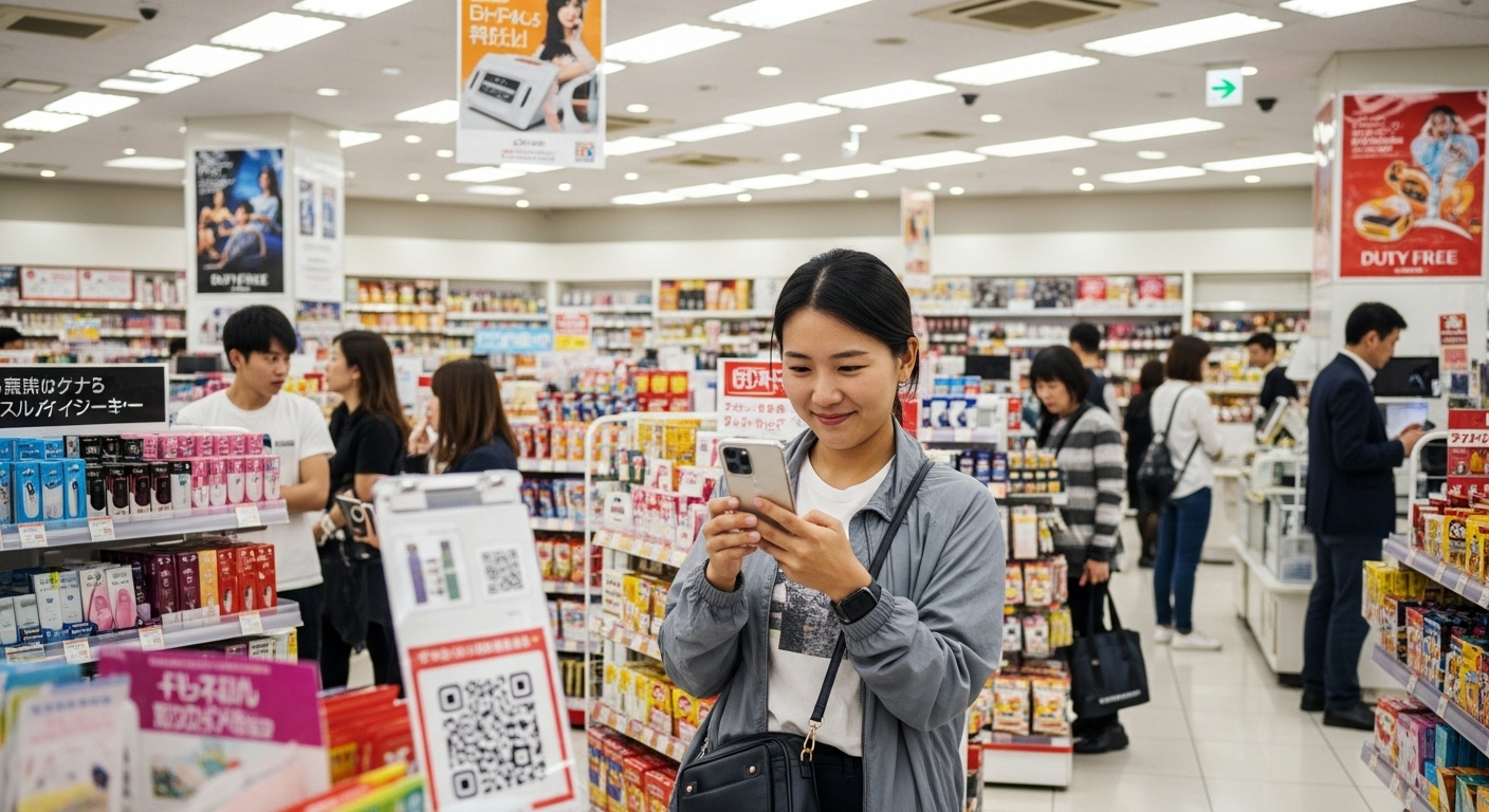 스마트폰 QR코드를 사용하여 여권 없이 면세 쇼핑을 즐기는 한국인 쇼핑객