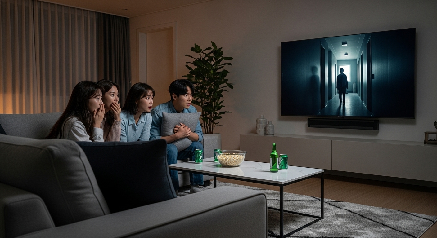 새 스릴러 시리즈의 첫 방영을 시청하며 기대에 찬 한국 관객들