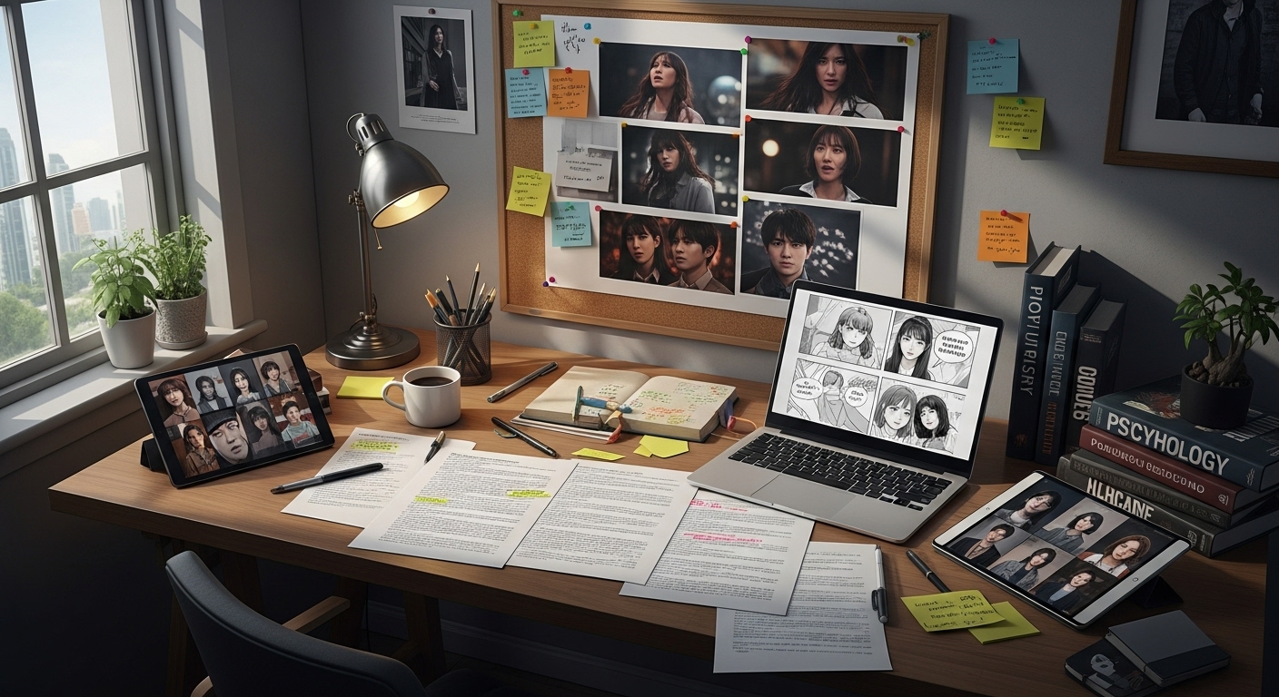 웹툰에서 드라마로 각색된 심리 스릴러의 창작 공간과 감독의 책상