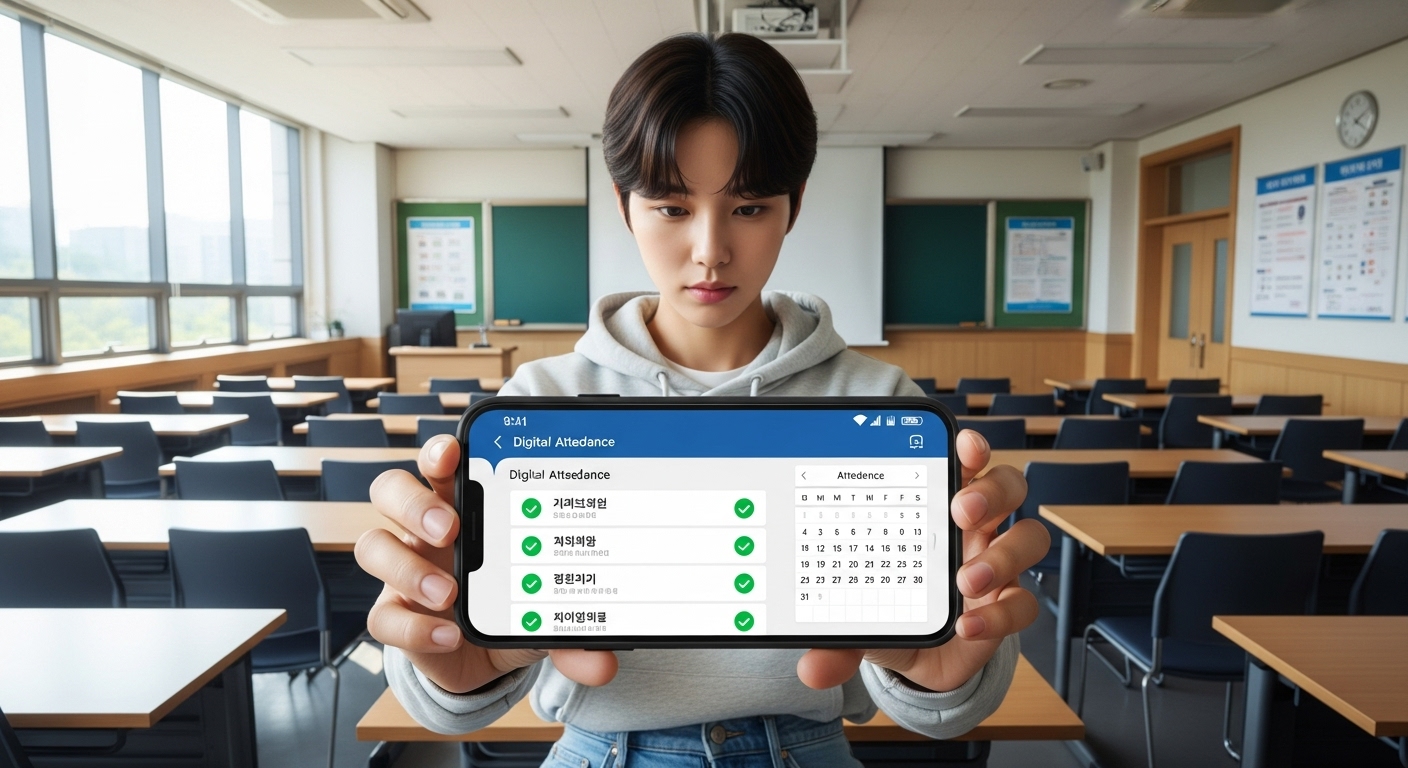 밝은 강의실에서 스마트폰을 들고 디지털 출석 앱 화면을 바라보는 현대적인 대학생 모습
