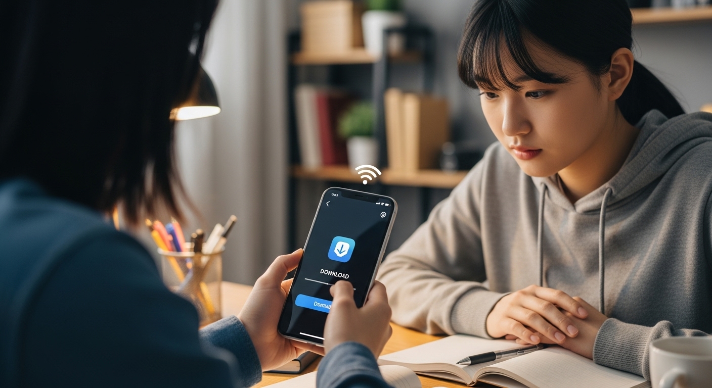 편안한 공부 공간에서 App Store 또는 Google Play에서 앱을 다운로드하는 학생 모습