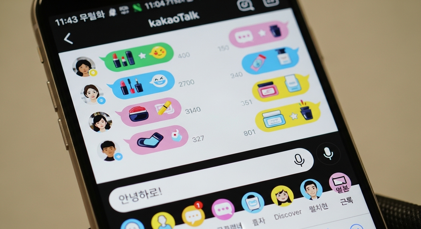 한국 스마트폰에 화려한 뷰티 브랜드 테마의 카카오톡 인터페이스가 표시된 모습