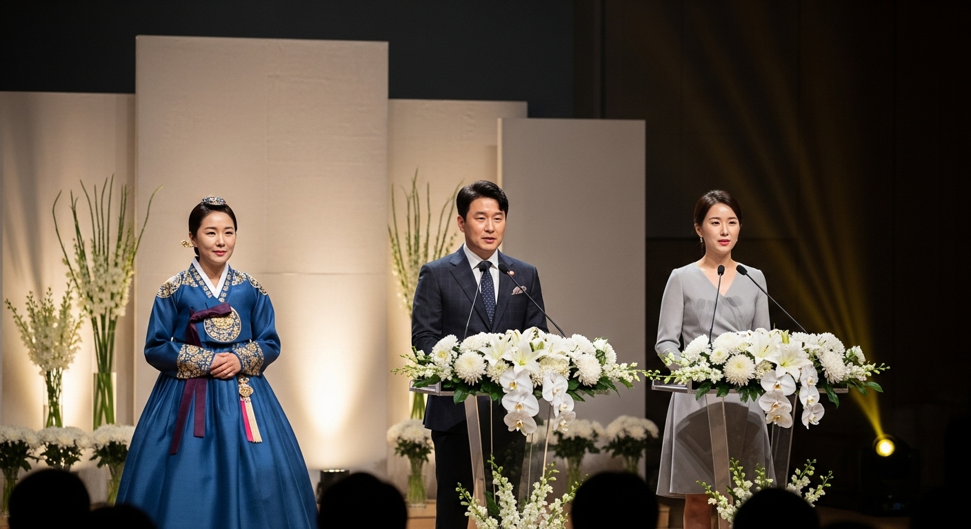 차분한 조명 아래 무대에 서서 발표하는 사회자들과 상징적인 하얀 꽃으로 꾸며진 장식