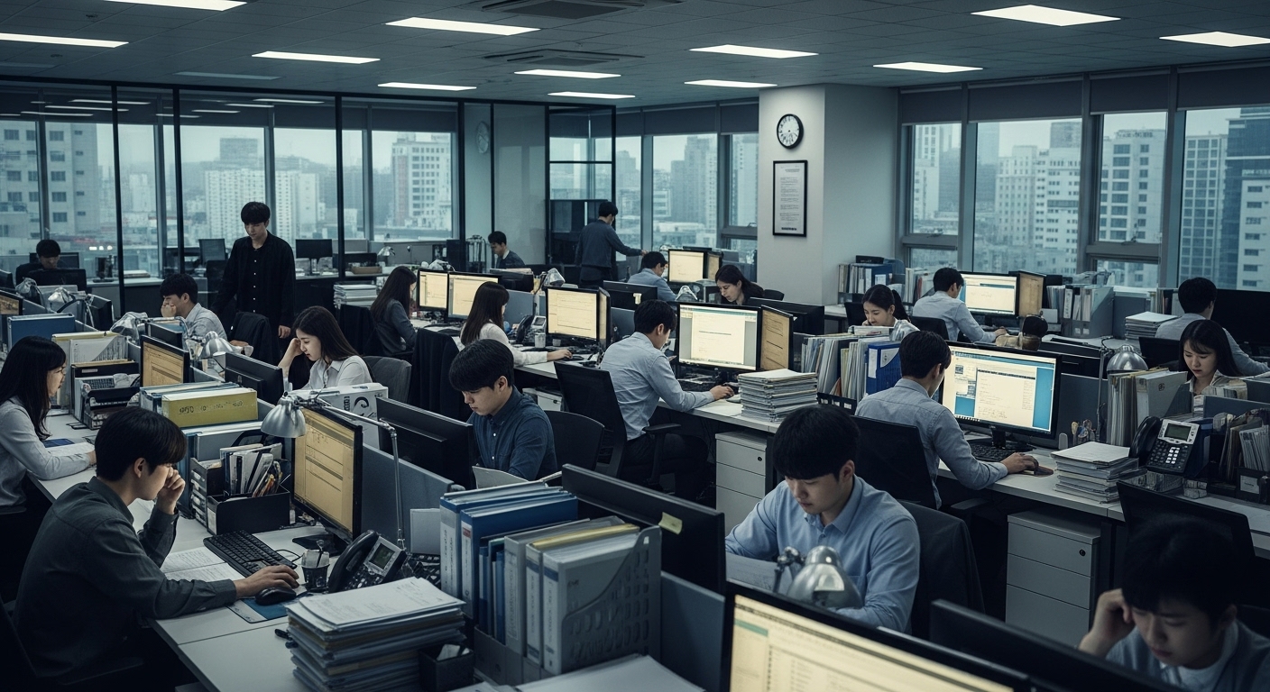 현대적인 한국 사무실에서 젊은 직원들이 책상에 앉아 있는 모습, 긴장된 분위기