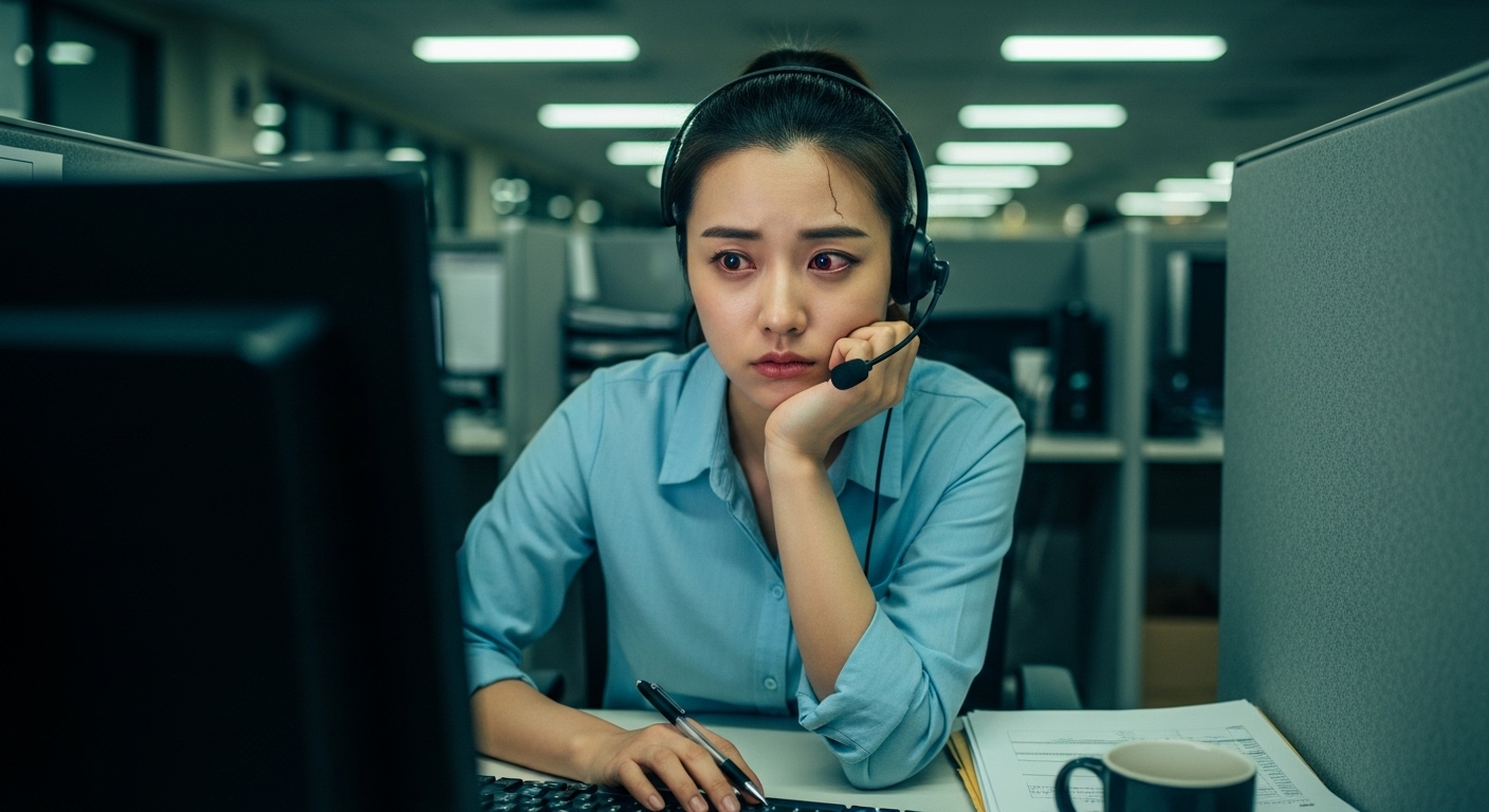 콜센터 부스 안에서 헤드셋을 착용하고 피곤한 표정을 짓고 있는 젊은 여성