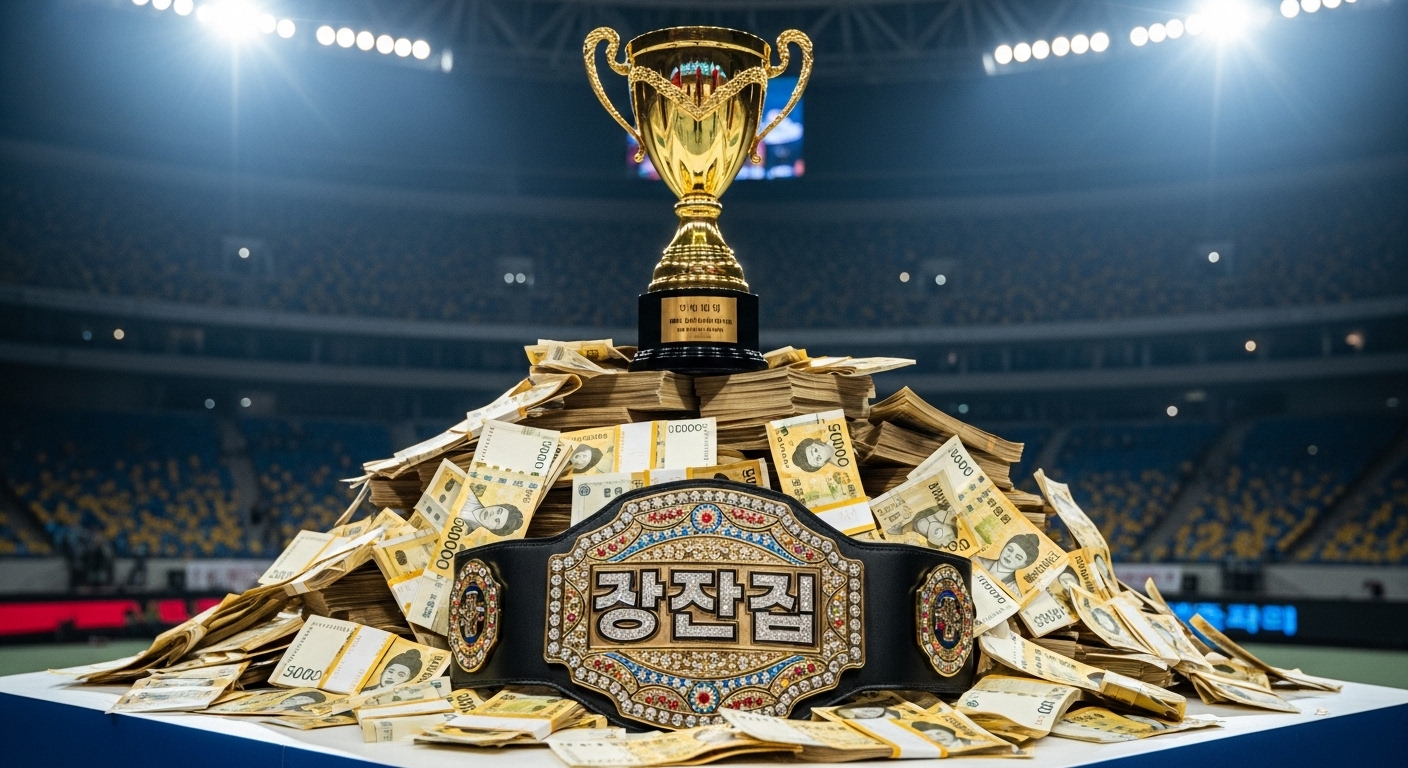 경기장에서 트로피와 챔피언 벨트가 놓인 채 놓여있는 거대한 금액의 현금다발