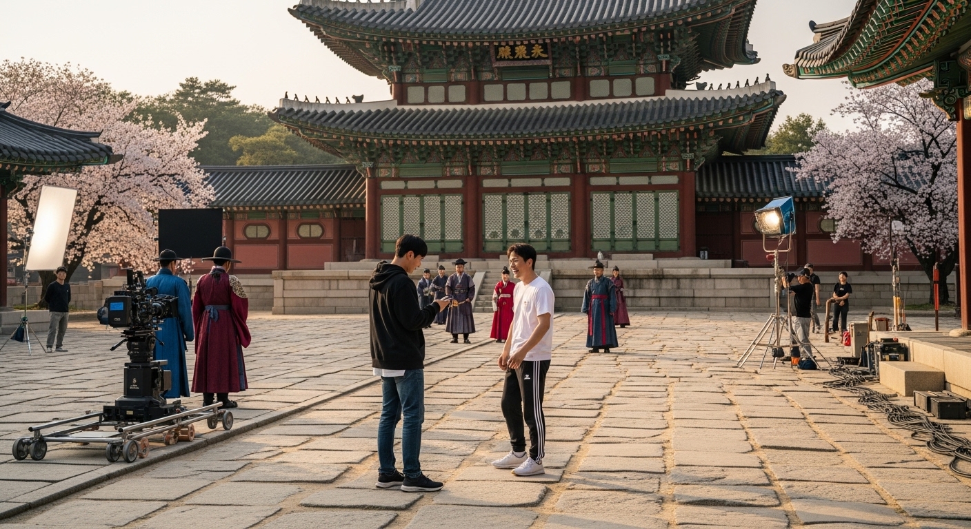 현대적인 옷을 입은 한국 배우들이 전통 궁궐 세트장에서 드라마 촬영하는 장면