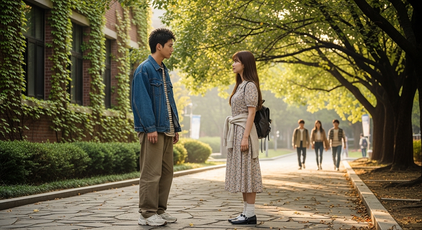 대학 캠퍼스에서 처음 만난 젊은 커플의 모습