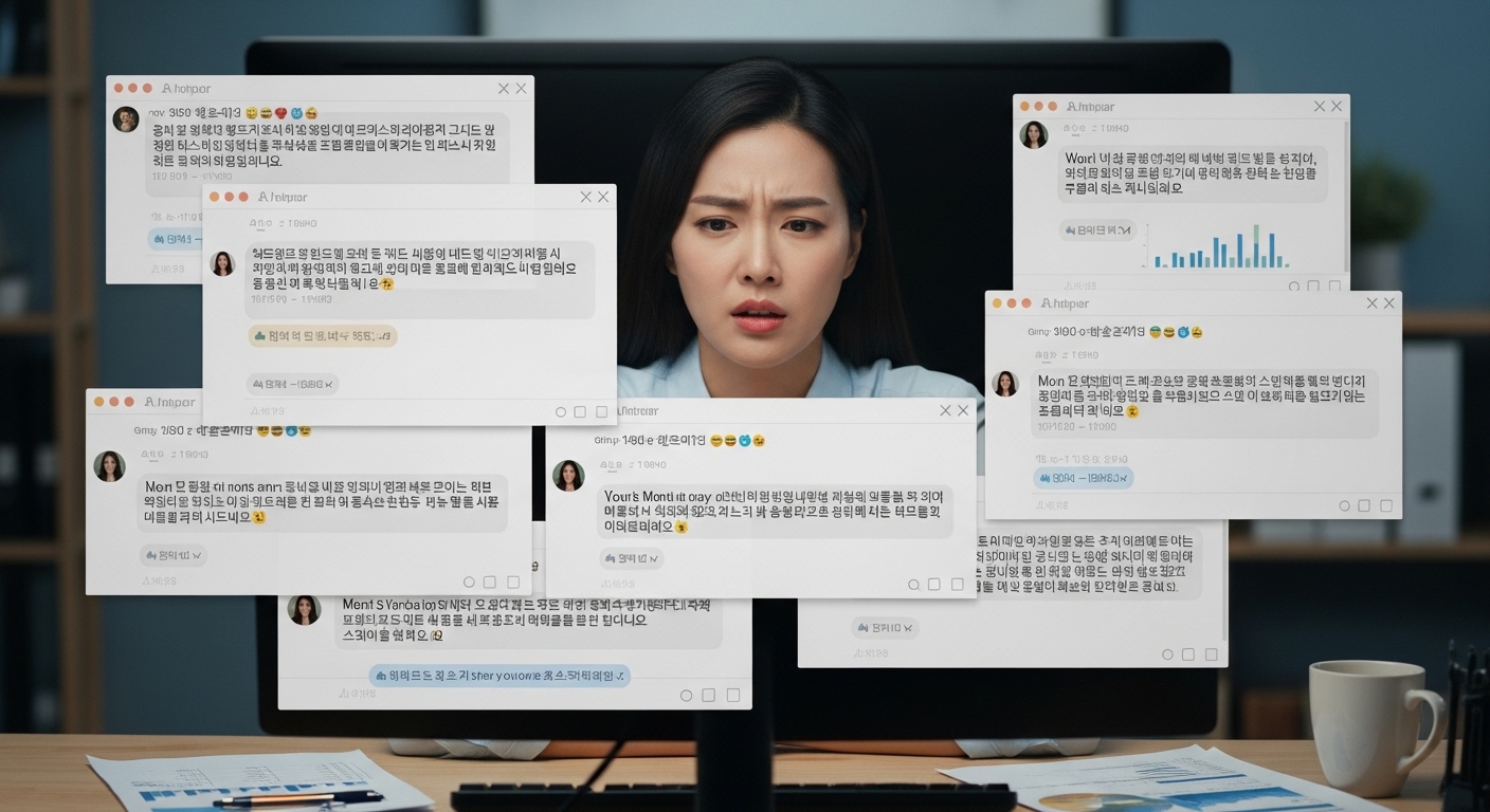 여러 가지 상반된 메시지를 보고 혼란스러워하는 여성