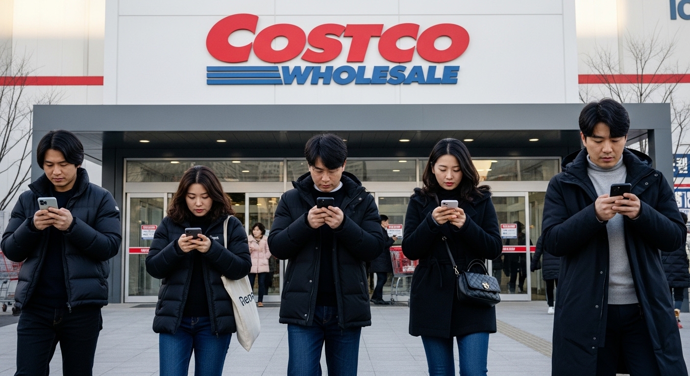서울 코스트코 매장 방문 전에 스마트폰으로 재고를 확인하는 사람들
