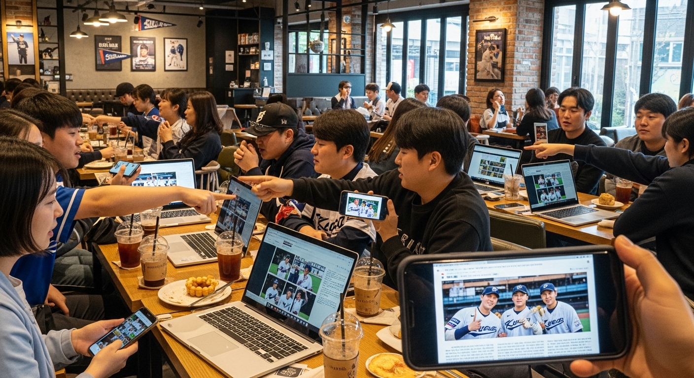 카페에서 팬들이 휴대폰과 노트북으로 야구 선수들의 화제 사진을 공유하며 이야기하는 모습