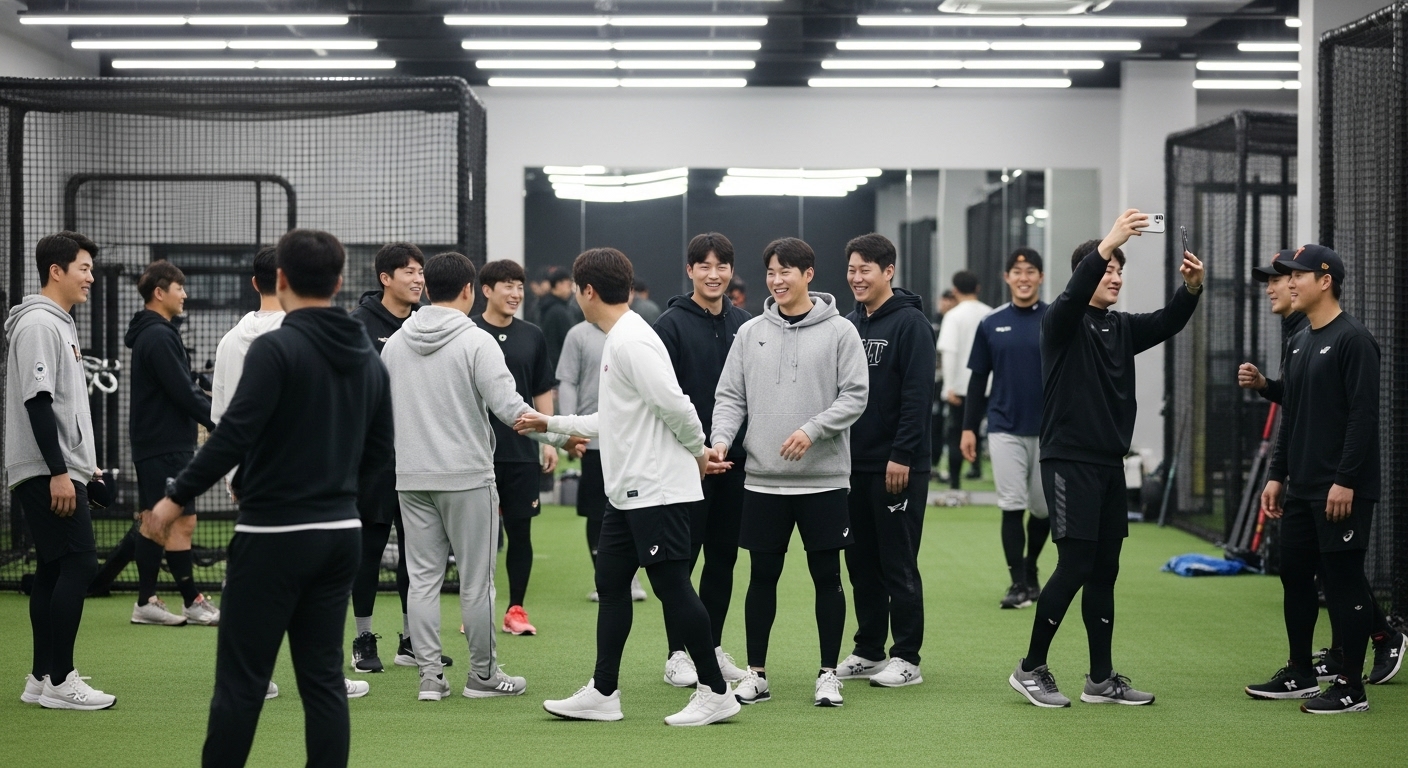 다양한 팀 소속 한국 야구 선수들이 비시즌 훈련 중 친밀하게 교류하는 장면
