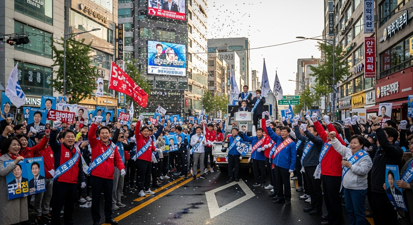서울 거리에서 선거 포스터와 지지자들이 모여 있는 활기찬 모습