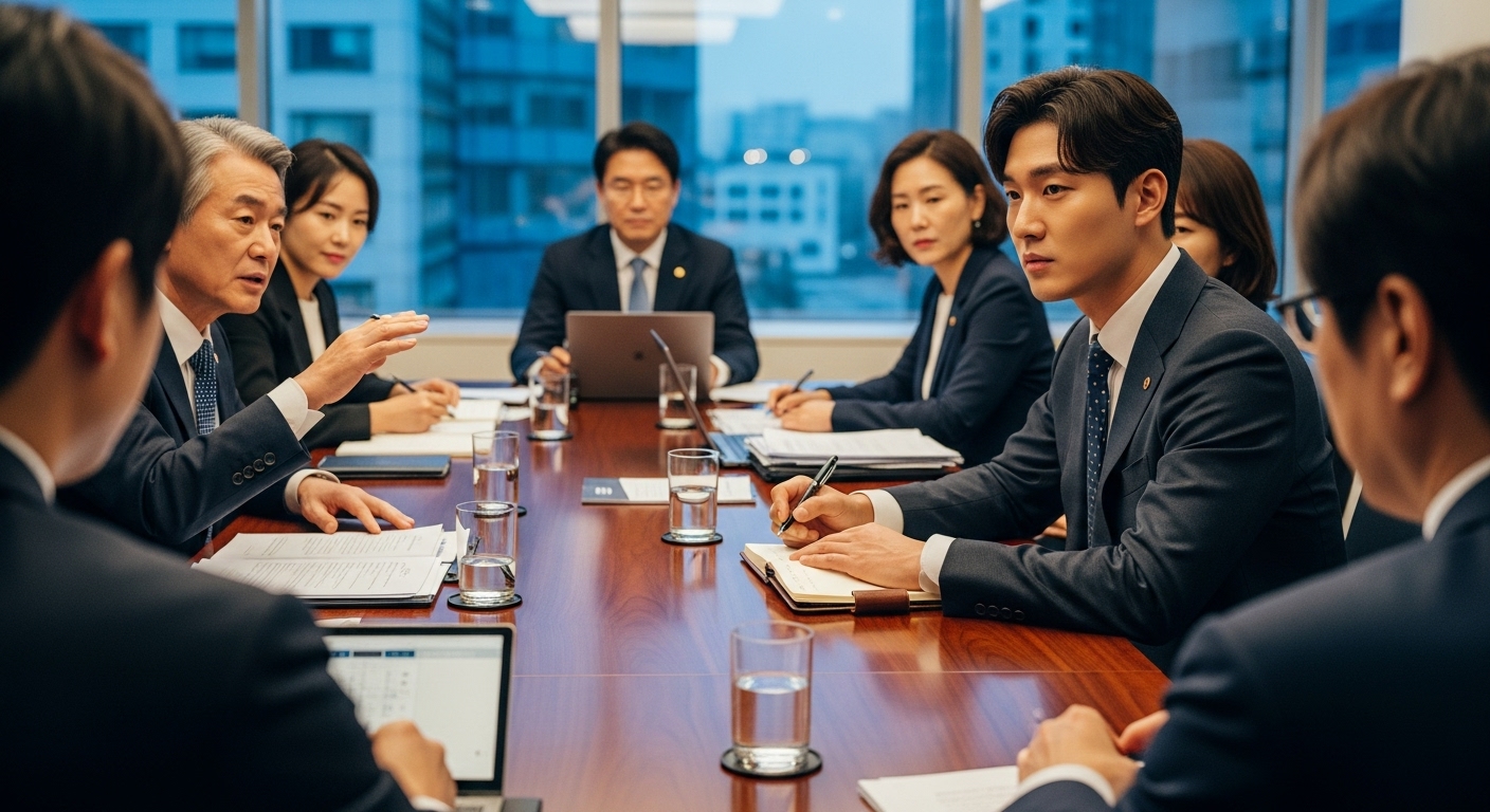 정당 회의에 참여하여 전략적 논의를 주도하는 젊은 정치인의 모습