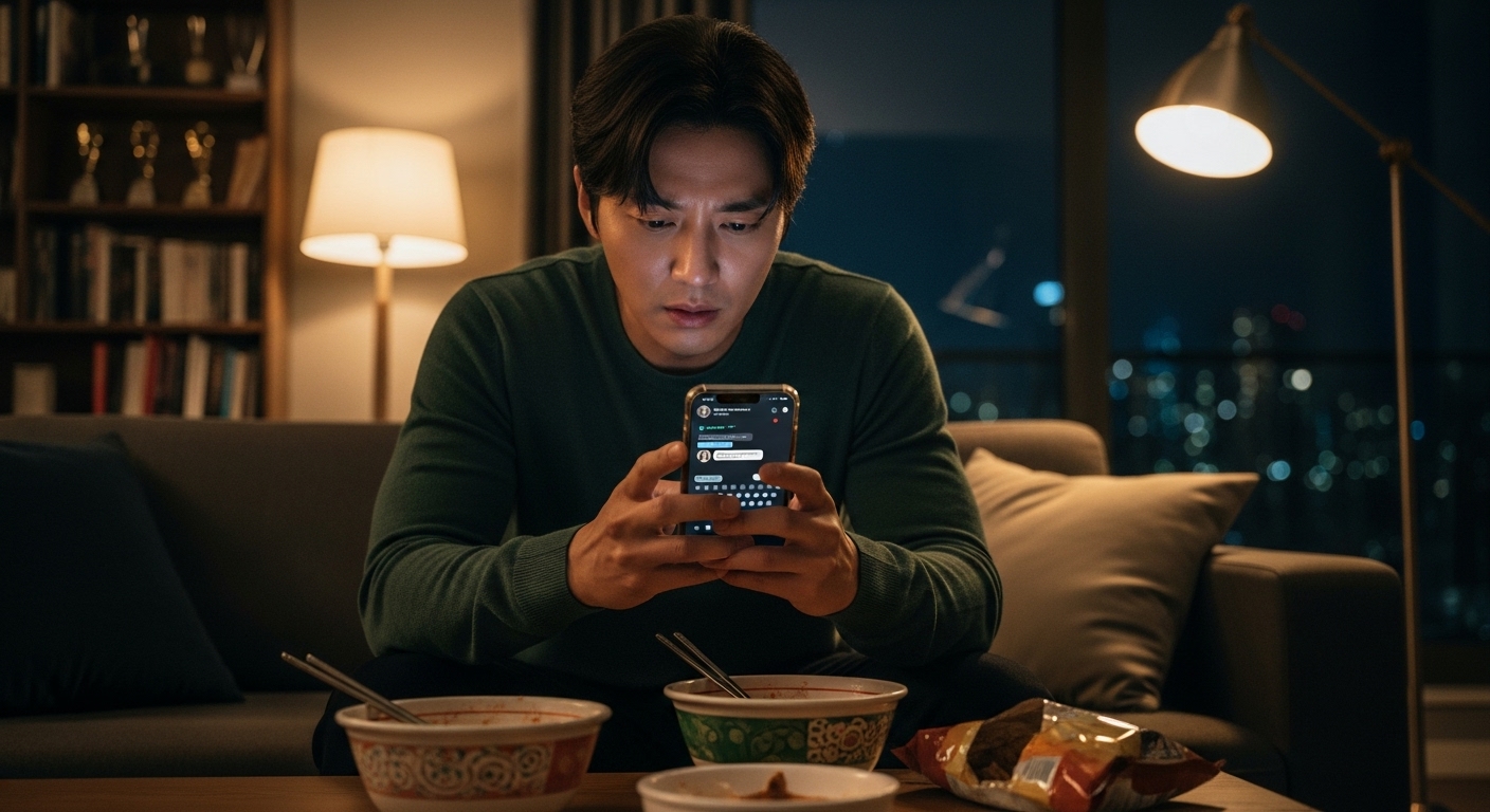 밤늦게 스마트폰으로 여배우에게 메시지를 보내는 남자 배우의 모습