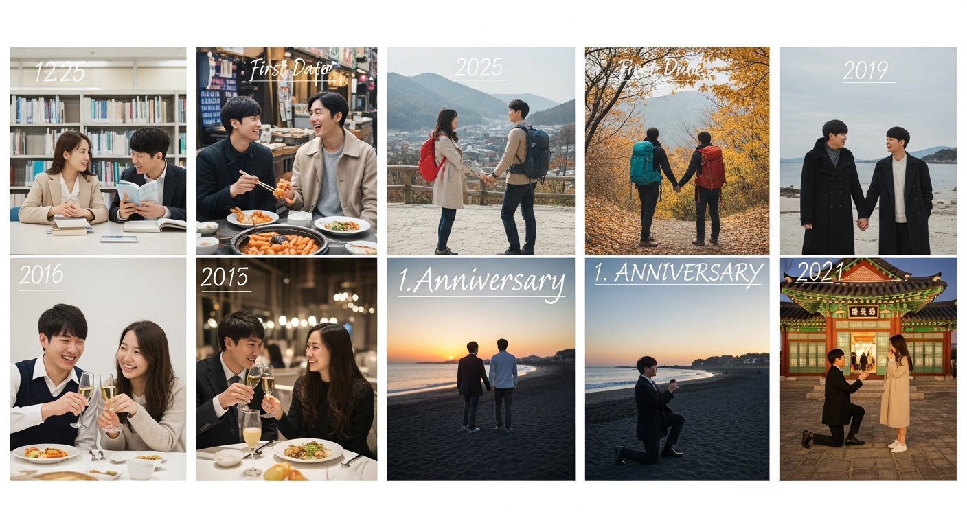 한 커플의 첫 만남부터 약혼까지 다양한 순간들이 담긴 사진 모음