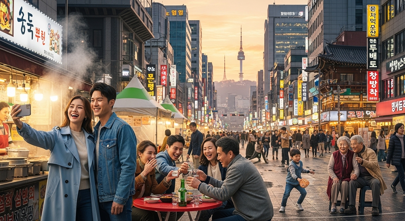 한국 사람들이 도시 배경에서 인생의 찬란한 순간을 경험하는 모습