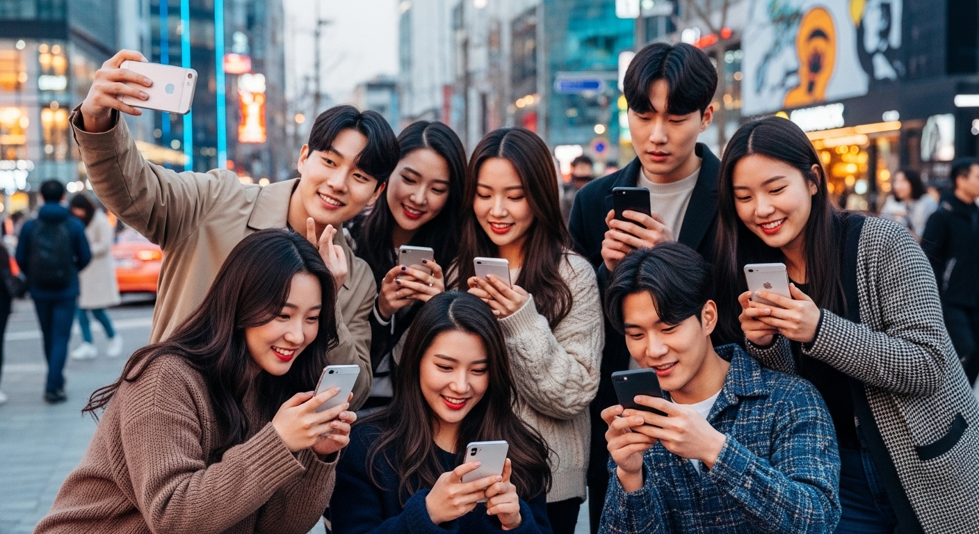 젊은이들이 스마트폰으로 도시 속 순간을 캡처하고 SNS에 공유하는 모습