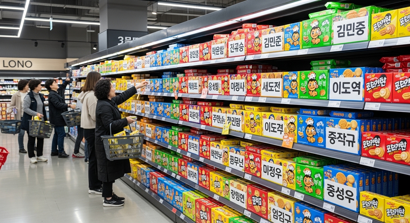 현대적인 한국 슈퍼마켓에서 개인화된 이름이 적힌 다양한 색상의 칸쵸 패키지를 고객들이 구경하는 모습