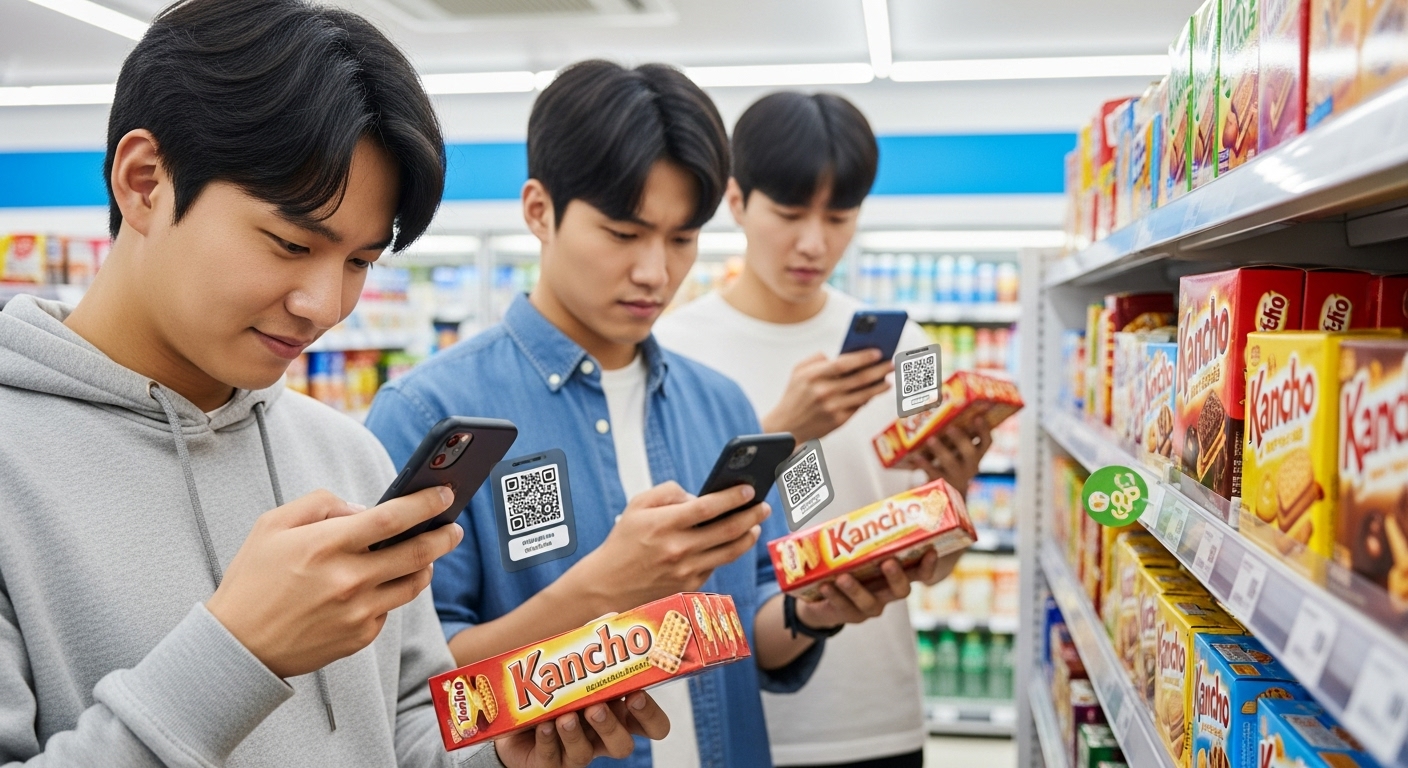 편의점에서 스마트폰으로 칸쾌 포장의 QR 코드를 스캔하며 집중하는 젊은 한국인들