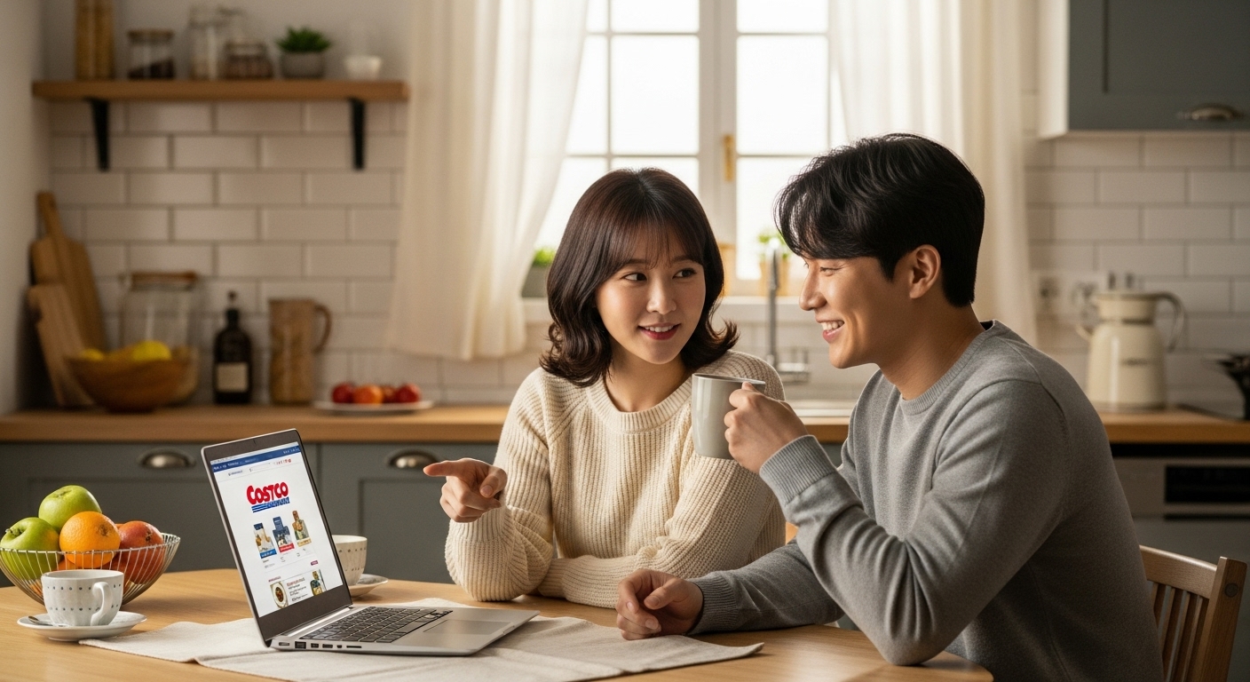 부부가 주방 테이블에 앉아 노트북으로 코스트코 온라인몰을 보며 대화하는 모습