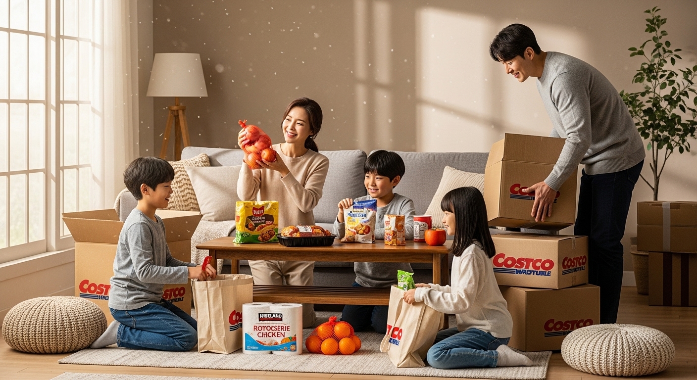 가족이 거실에서 코스트코 온라인몰에서 주문한 물품을 풀어보는 모습