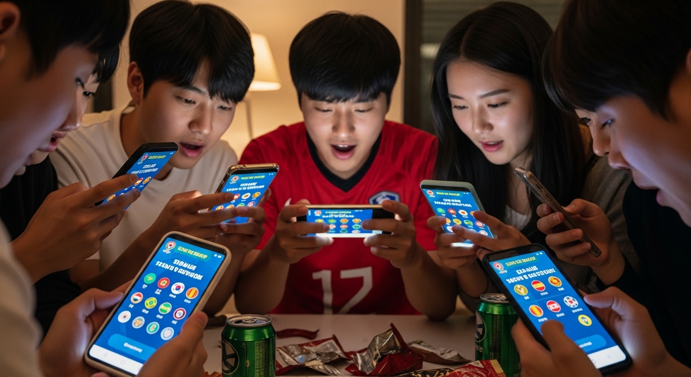 한국 축구 팬들이 스마트폰으로 월드컵 조추첨 시뮬레이터를 사용하는 모습