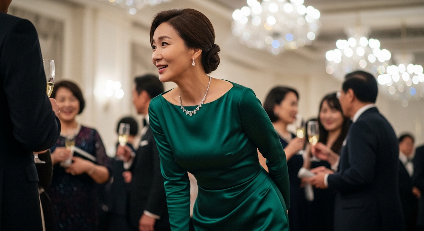 세련된 드레스를 입고 공식 행사에 참여하는 우아한 여성