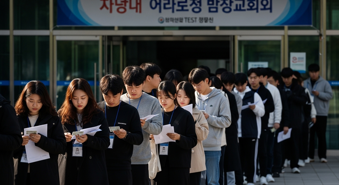한국 수험생들이 신분증과 수험표를 들고 고사장 앞에 줄 서 있는 장면