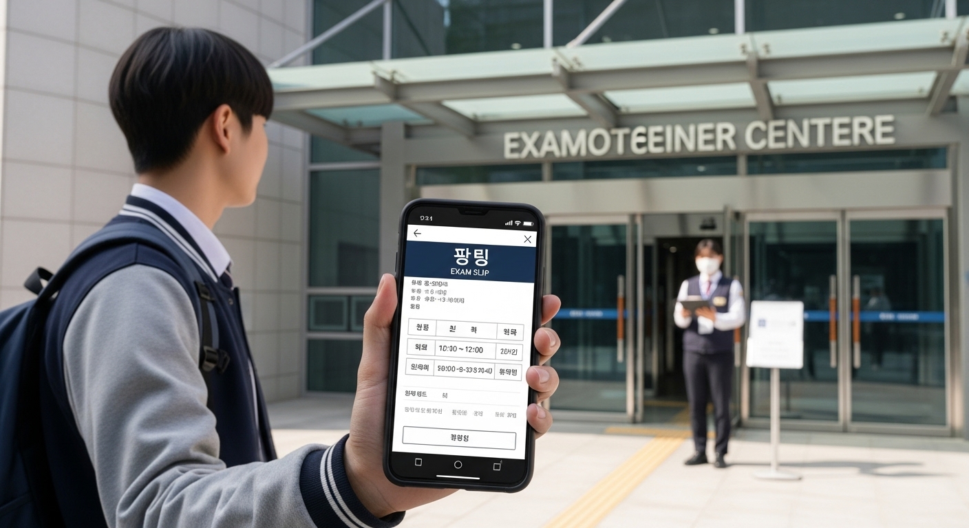 스마트폰으로 모바일 수험표를 보여주는 한국 학생의 모습