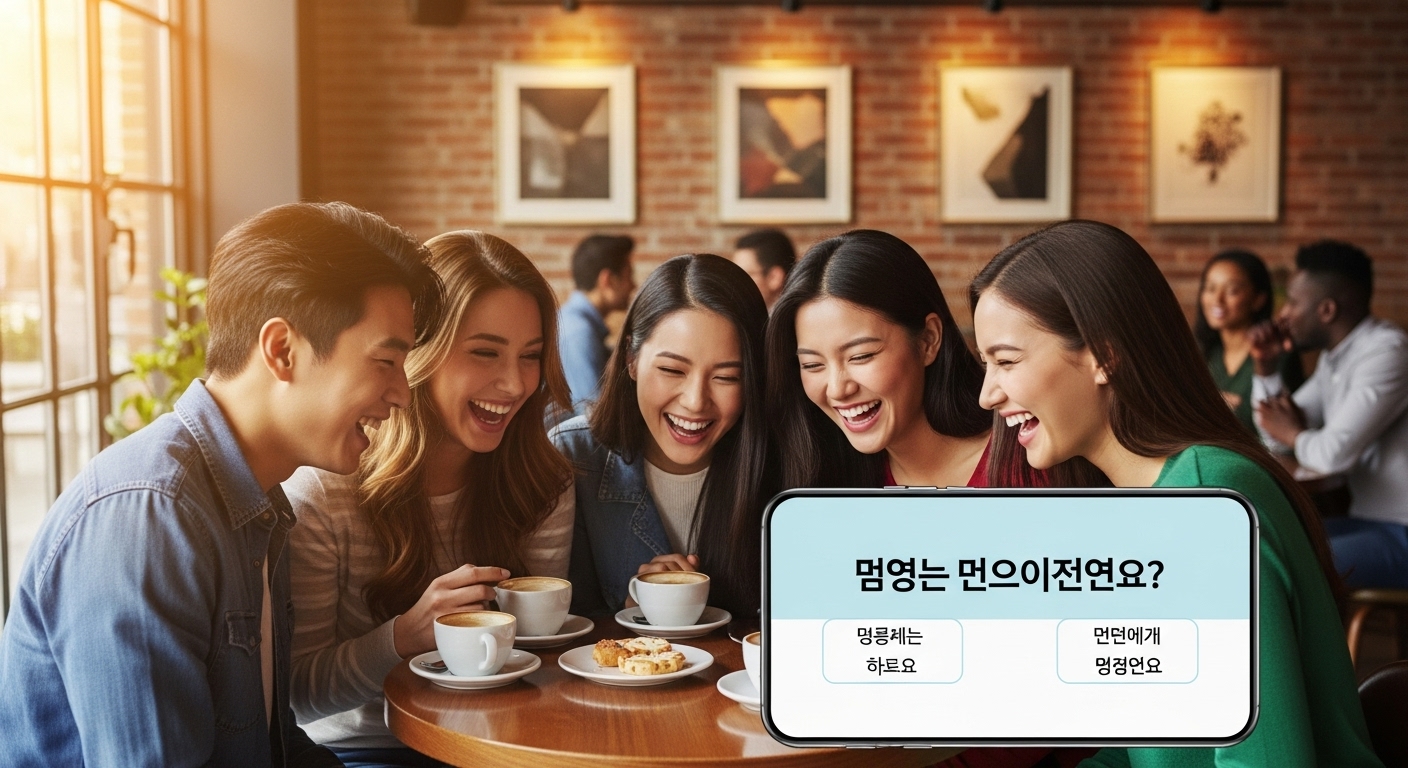 도심 카페에서 스마트폰 화면을 보며 웃고 있는 젊은 친구들