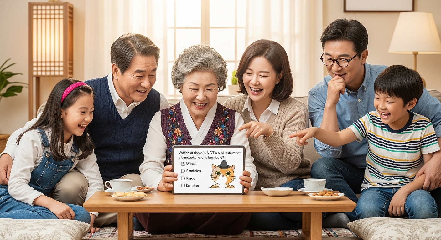 거실에 앉아 태블릿으로 퀴즈를 풀며 웃고 있는 가족들