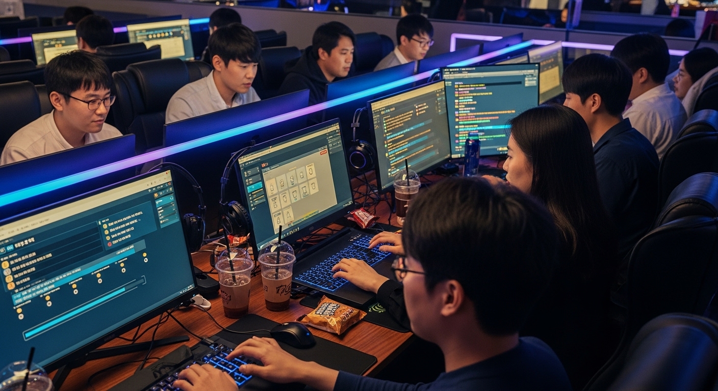 인터넷 카페에서 노트북과 휴대폰으로 퀴즈 토론 중인 다양한 사용자들