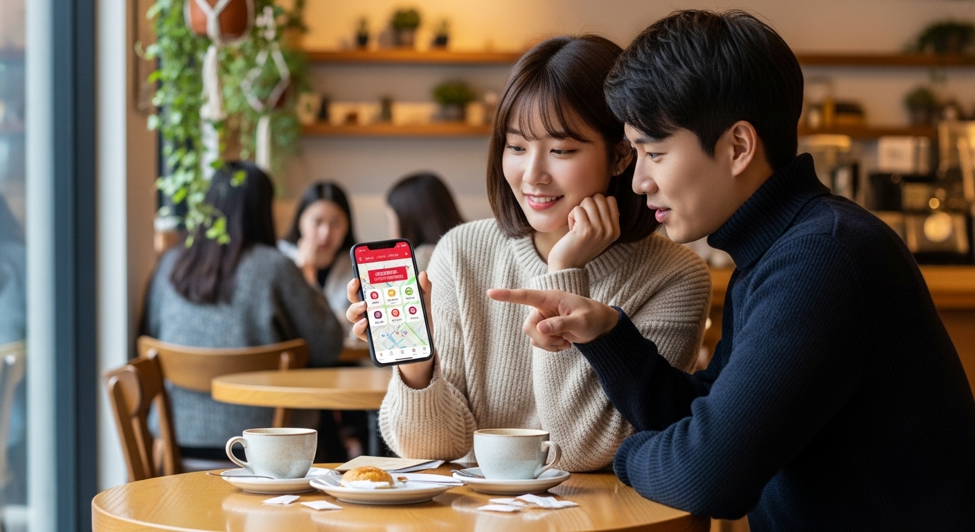 카페에서 휴대폰 앱으로 상품권 가맹점을 찾는 젊은 커플의 모습