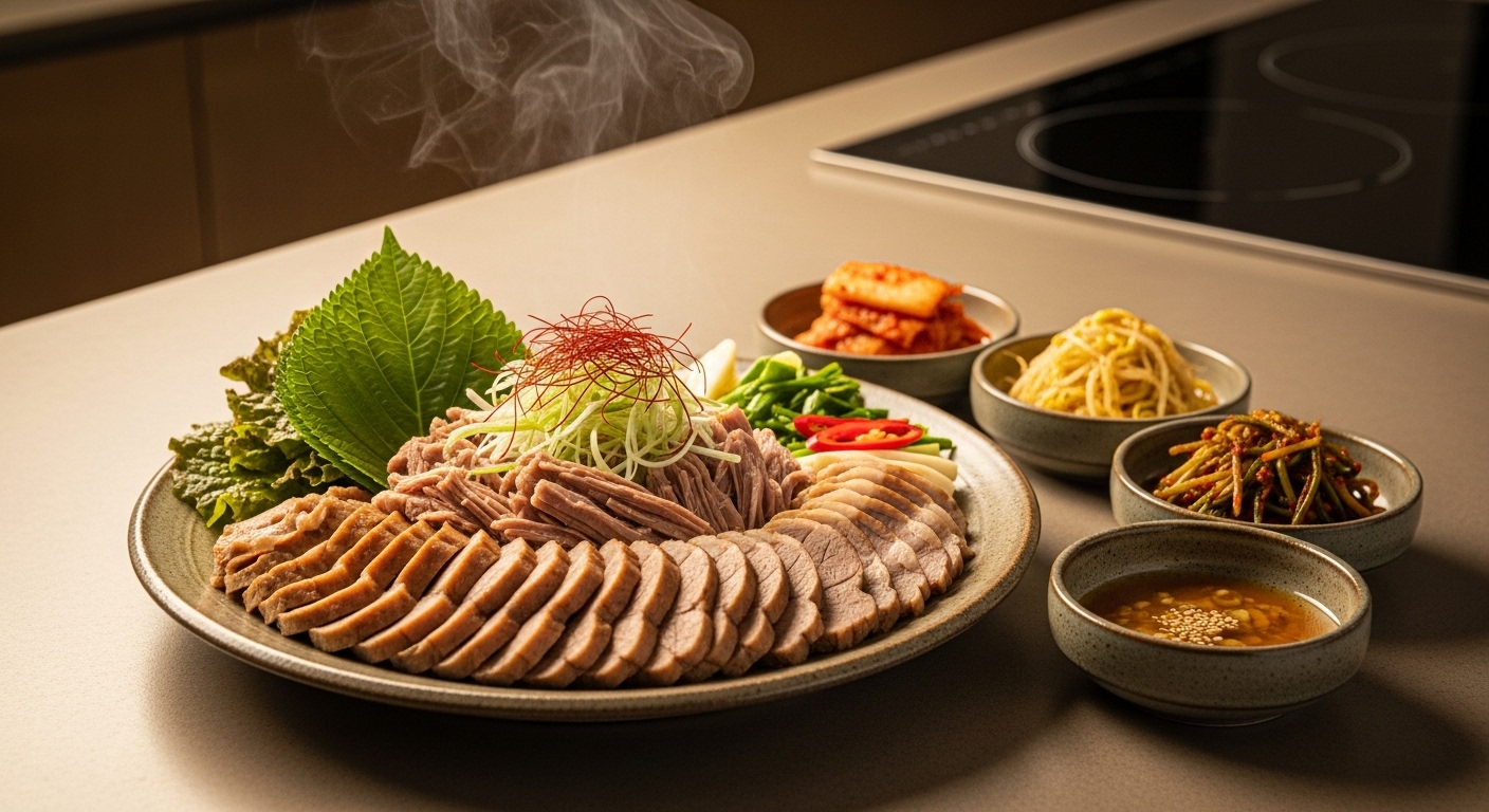 현대적인 주방에서 준비된 전통적인 개고기 수육의 모습