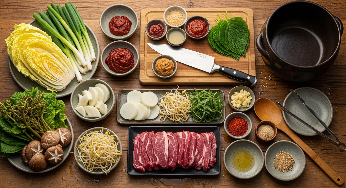 주방 조리대 위에 깔끔하게 정렬된 다양한 조리 도구와 신선한 재료들