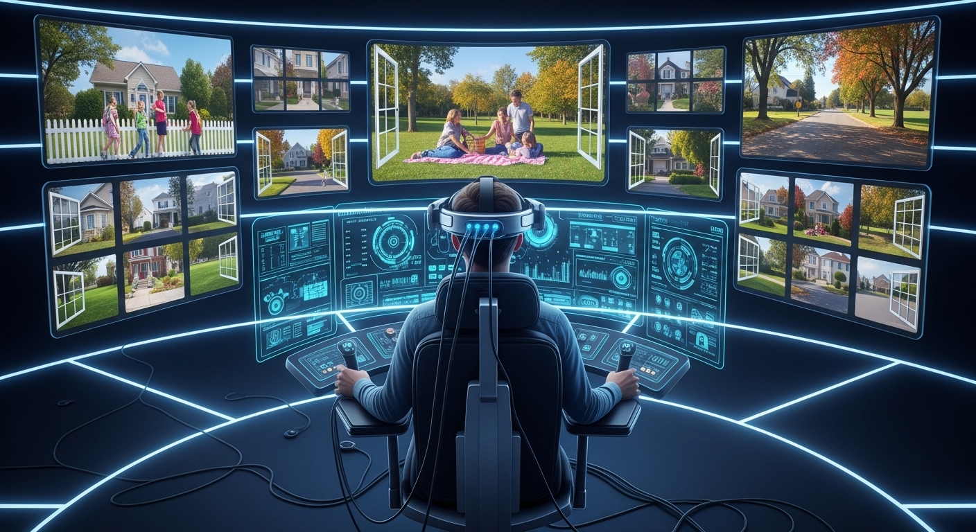가상현실 제어실에서 VR 고글을 쓴 남성이 모니터들을 바라보는 모습