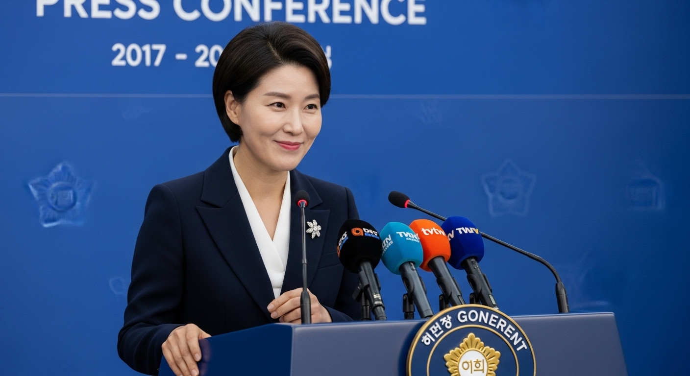 한국 여성 정치인이 기자회견장에서 재치 있는 미소를 지으며 유머를 구사하는 모습