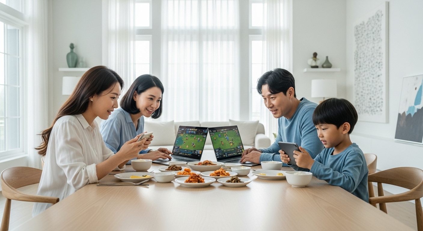 현대적인 한국 가정에서 가족들이 노트북과 스마트폰으로 온라인 사다리타기 게임을 즐기는 모습