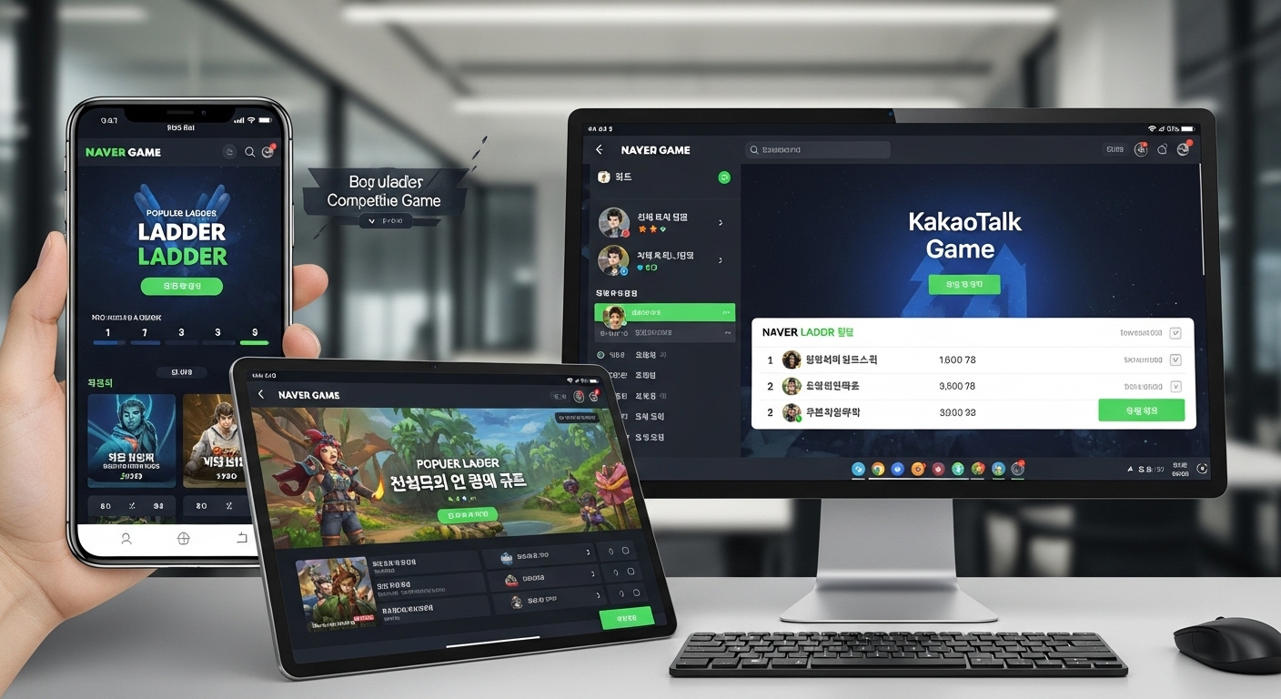 네이버와 카카오톡 등 인기 있는 사다리 게임 플랫폼들이 스마트폰과 PC 화면에 표시된 디지털 인터페이스