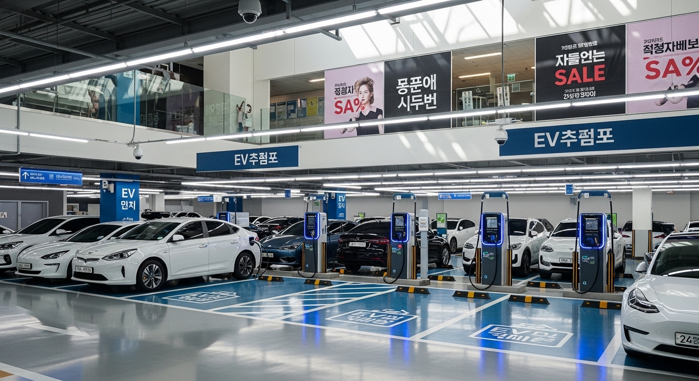 전기차 충전소가 있는 현대적 쇼핑몰의 넓은 주차 시설